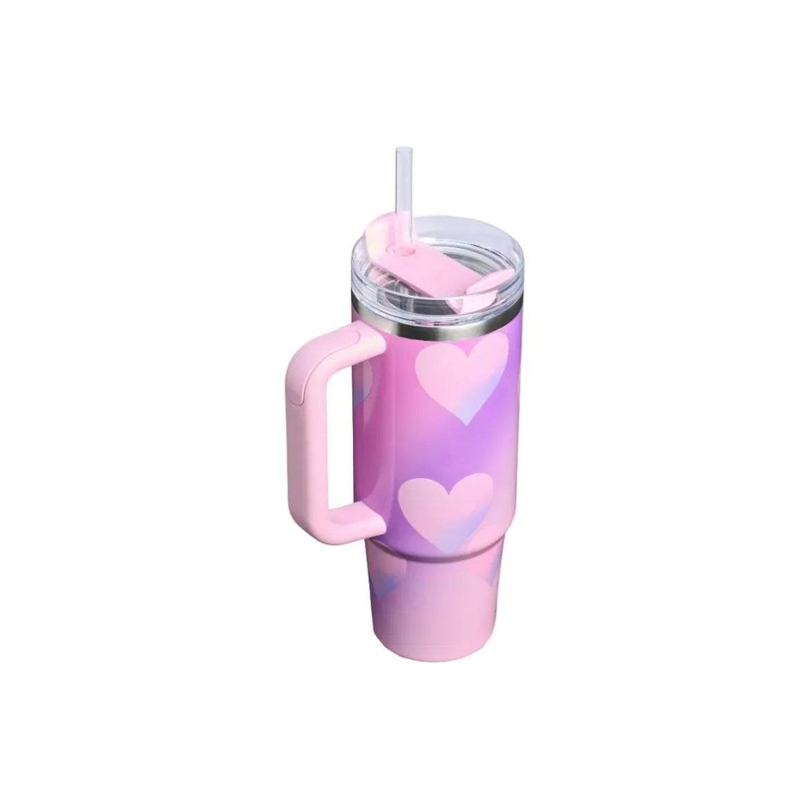 Stanley Quencher H2 0 Lavender Sweetheart Edition pastel gradient water bottle with heart motifs and thermal insulation