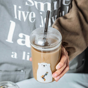 Creative star heat-resistant glass iced coffee cup with dome lid and reusable straw