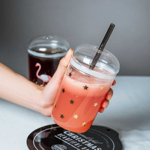 Creative star heat-resistant glass iced coffee cup with dome lid and reusable straw