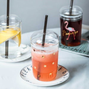 Creative star heat-resistant glass iced coffee cup with dome lid and reusable straw