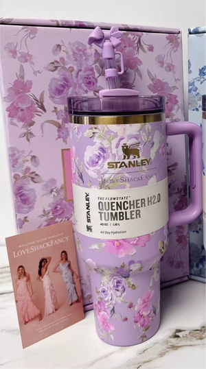 Stanley x LoveShackFancy 40oz Quencher H2.0 Tumbler with vintage floral design and ergonomic handle