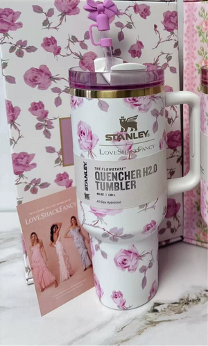Stanley x LoveShackFancy 40oz Quencher H2.0 Tumbler with vintage floral design and ergonomic handle