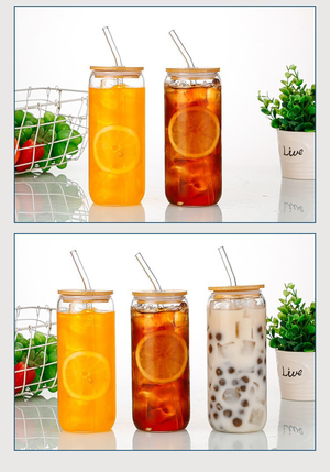 Can Shaped Glass Coffee Cup with bamboo lid and reusable straw for Amazon cross-border sales