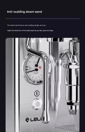 LELIT Mara X steam wand and pressure gauge close-up on the silver machine