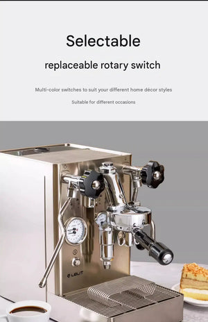 Silver LELIT Mara X espresso machine at an angle beside a slice of cake and a coffee cup
