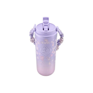 Starbucks Sakura lavender gradient travel bottle with cherry blossom design and macramé handle