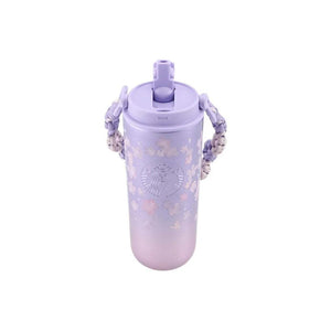 Starbucks Sakura lavender gradient travel bottle with cherry blossom design and macramé handle