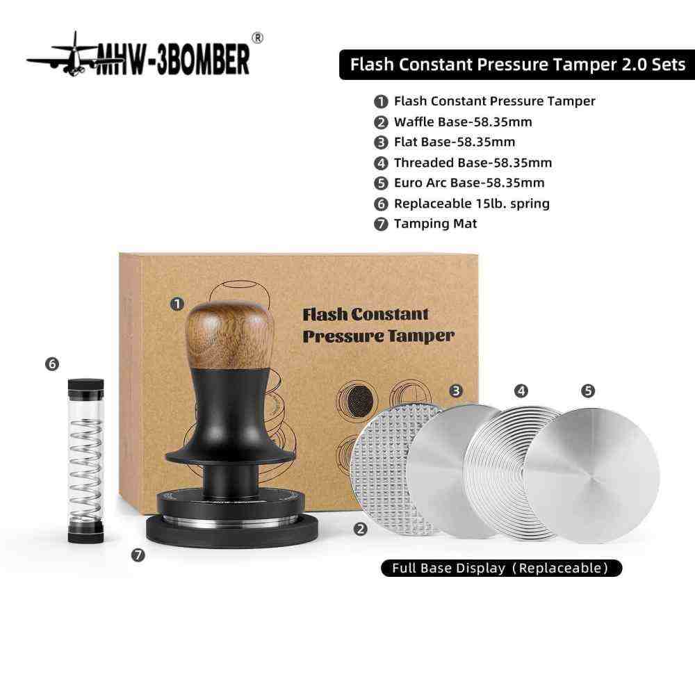 MHW-3BOMBER Flash Tamper 2.0 stainless steel espresso tamper with adjustable pressure and interchangeable base on silicone mat
