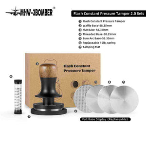 MHW-3BOMBER Flash Tamper stainless steel espresso tamping tool with adjustable pressure and interchangeable bases for 58mm baskets