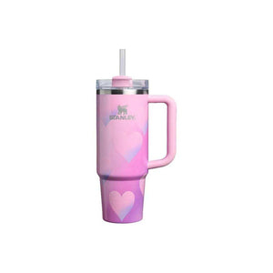 Lavender gradient Stanley Quencher H2 0 water bottle with heart design and soft-touch handle