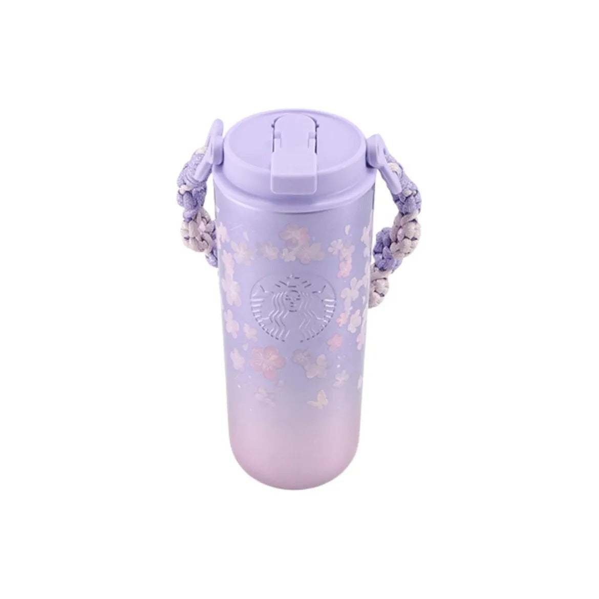 Starbucks Sakura lavender gradient travel bottle with cherry blossom design and macramé handle