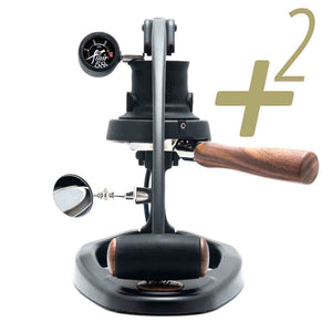 Front view of the Flair 58 Plus 2 manual espresso maker featuring the dark walnut handle, pressure gauge, and the signature plus two branding.