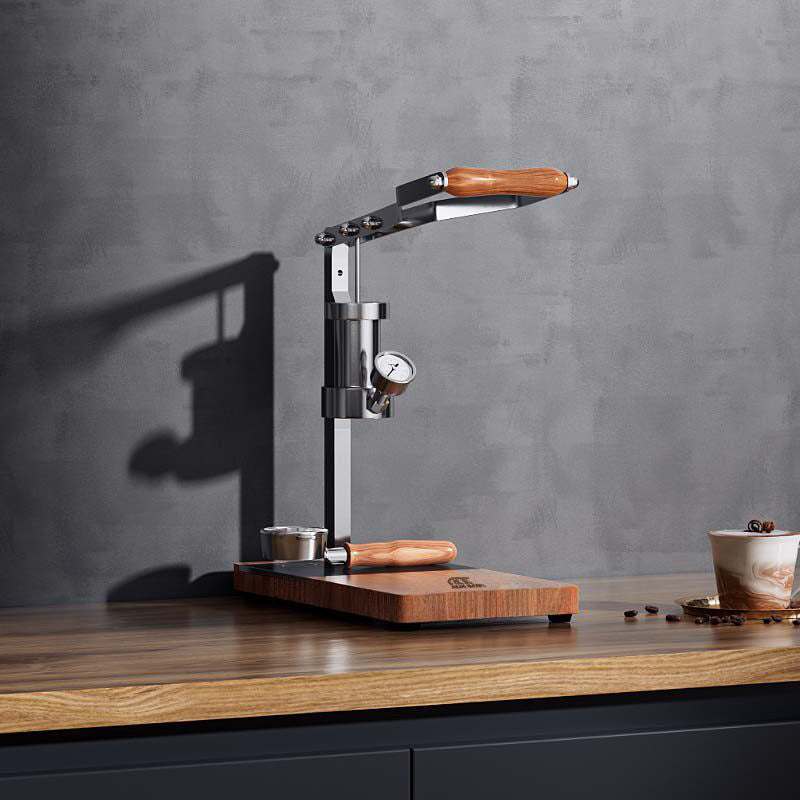 Aleman 2s Hand Press Espresso Machine with polished stainless steel, wooden accents, and PID temperature control
