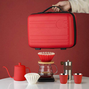 Choxila Red Edition professional travel coffee kit with matte red kettle, manual grinder, digital scale, glass server, insulated mugs, and reinforced carrying case