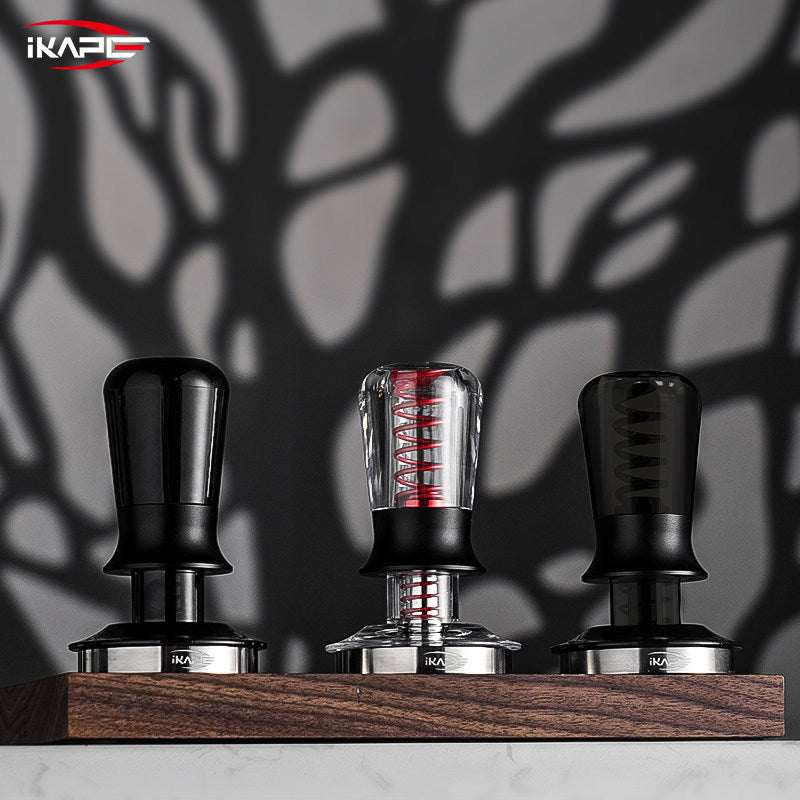iKAPE spring loaded espresso tamper with ripple base and transparent handle