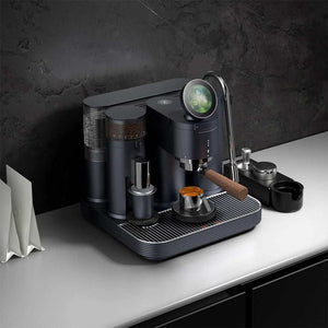 Meraki All-In-One Espresso Machine with integrated grinder and walnut wood handle in matte black finish