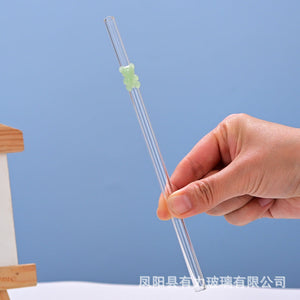 Transparent colored bear glass reusable drinking straws with gummy bear charms for eco-friendly use