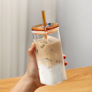 Square iced coffee glass cup with high-value straw for iced lattes