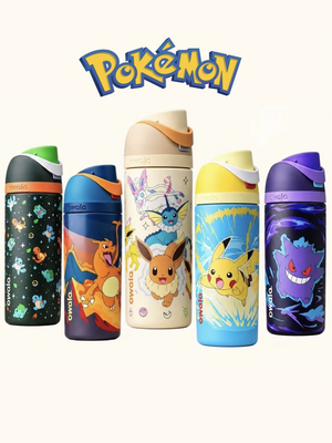 Owala Pokémon kids water bottles in five designs lined up, front view
