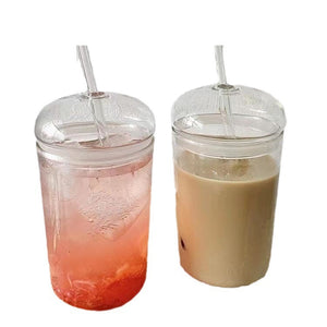 Glass straw cup with dome lid for iced coffee, 450ml capacity