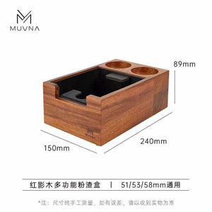 MUVNA Coffee Press Holder with neon cyan and circuit orange accents, stainless steel burrs, and ergonomic wooden handle