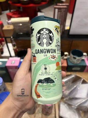 Starbucks Korea "Been There" Series mugs and tumblers featuring iconic Korean landmarks like Gyeongbokgung Palace and Haeundae Beach