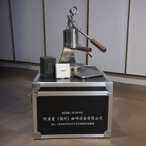 Aleman 2s Hand Press espresso machine with wooden base and stainless steel lever for manual precision brewing