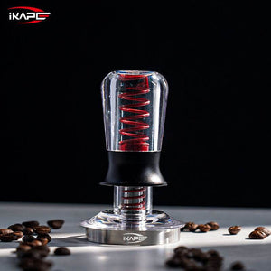 iKAPE spring loaded espresso tamper with ripple base and transparent handle for precise coffee tamping
