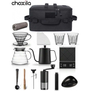 Midnight Black Travel Coffee Set with matte black kettle, manual grinder, digital scale, glass dripper, carafe, tasting cups, and heavy-duty carrying bag