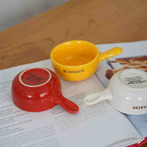 Colorful Saucy Ceramic Mini-Cups with pop-art design for serving sauces and appetizers