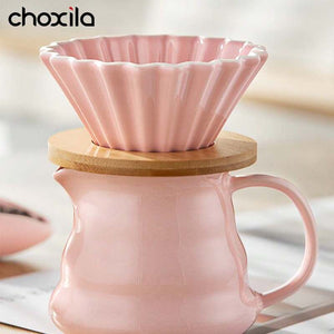 Soft pink Choxila Origami Series ceramic coffee set with geometric dripper and bamboo tray