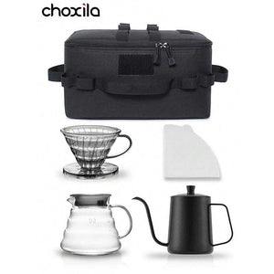 Midnight Black Travel Coffee Set with matte black kettle, manual grinder, digital scale, glassware, and carrying bag