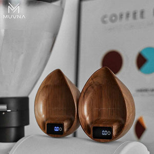 MUVNA Electronic Coffee Bean Weighing Tray made of natural walnut wood with LED display and silicone base