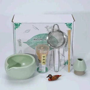 Cup To Machine Matcha tea set with spouted ceramic bowl, bamboo whisk, scoop, and stainless steel sifter for authentic Maccha preparation