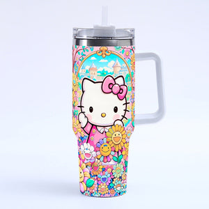 Sanrio Hello Kitty stainless steel tumbler with 40oz capacity and splash-resistant straw lid for iced coffee