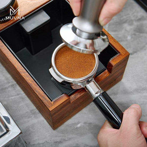 MUVNA Coffee Press Holder with neon cyan and circuit orange accents and ergonomic wooden handle