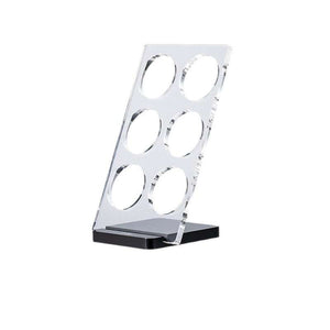 IKAPE Clear Acrylic espresso filter basket holder stand with six slots and black ABS base on countertop