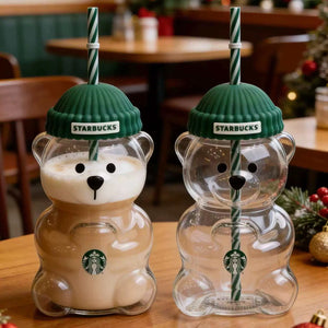 Starbucks Bearista Cup glass cold cup with beanie lid and eco-friendly straw for iced drinks