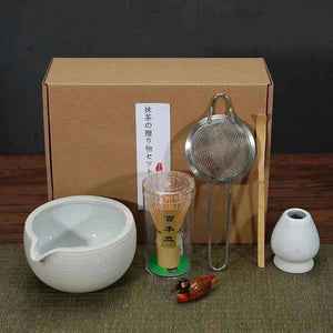 Cup To Machine Matcha Tea Set with spouted ceramic bowl, bamboo whisk, scoop, sifter, and whisk holder for traditional Japanese Maccha preparation