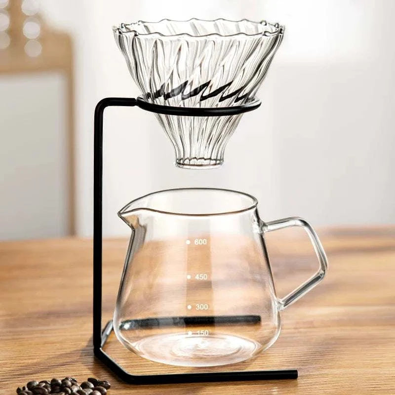 Choxila Metal Stand Set with matte black frame and glass dripper on a modern minimalist coffee brewing setup