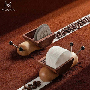 MUVNA Magnetic Tamper Wall Mount holding espresso tamper vertically on wood filter paper shelf