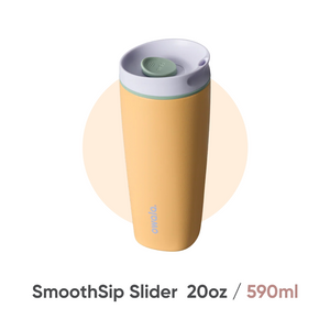 Owala insulated coffee mug in mustard yellow, angled view