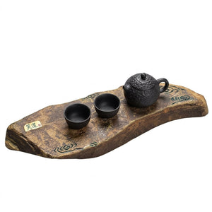 Natural stone gongfu tea tray with carved Buddha cave relief