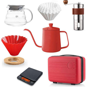 Choxila Red Edition travel coffee kit with matte crimson kettle, manual grinder, digital scale, red dripper, glass server, insulated mugs, and hard-shell case