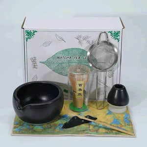 Cup To Machine Matcha tea set with spouted ceramic bowl, bamboo whisk, scoop, sifter, and whisk holder for traditional Maccha preparation