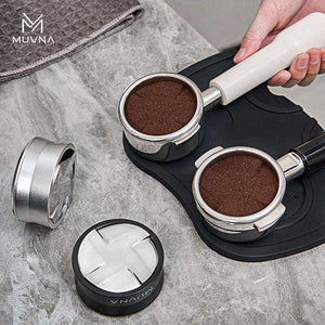 MUVNA Precision 58mm portafilter with natural wood and artisan resin handle on stainless steel head