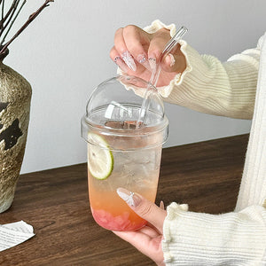 Clear Glass Straw in Cup To Machine Dome Lid Iced Coffee Glass Cup with 550ml capacity