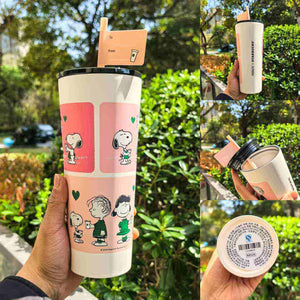 Starbucks x Peanuts limited collection featuring Snoopy-themed coffee cups and drinkware