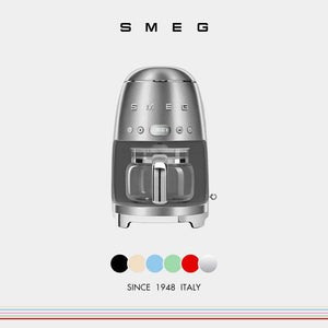 SMEG DCF02 drip coffee maker in Silver, 50s style with glass carafe