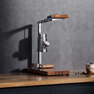 Aleman 2s Hand Press espresso machine with wooden base and stainless steel lever for manual precision brewing